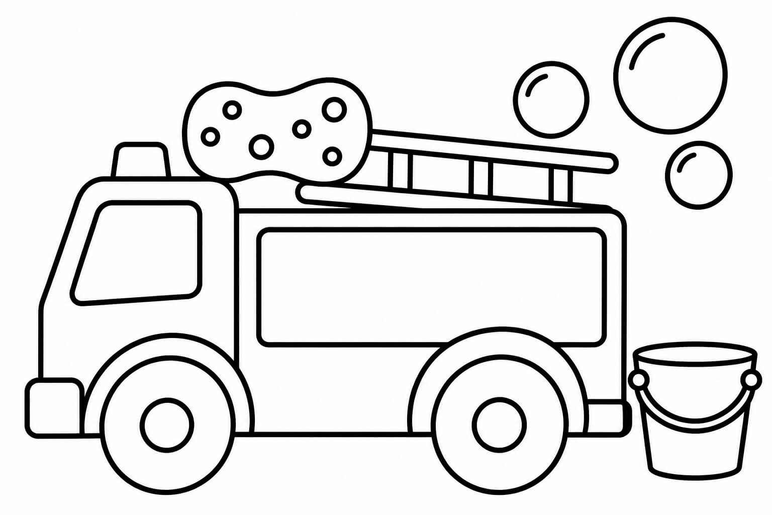 Feuerwehrauto bei der Wäsche – Ausmalbild in Schwarz-Weiß