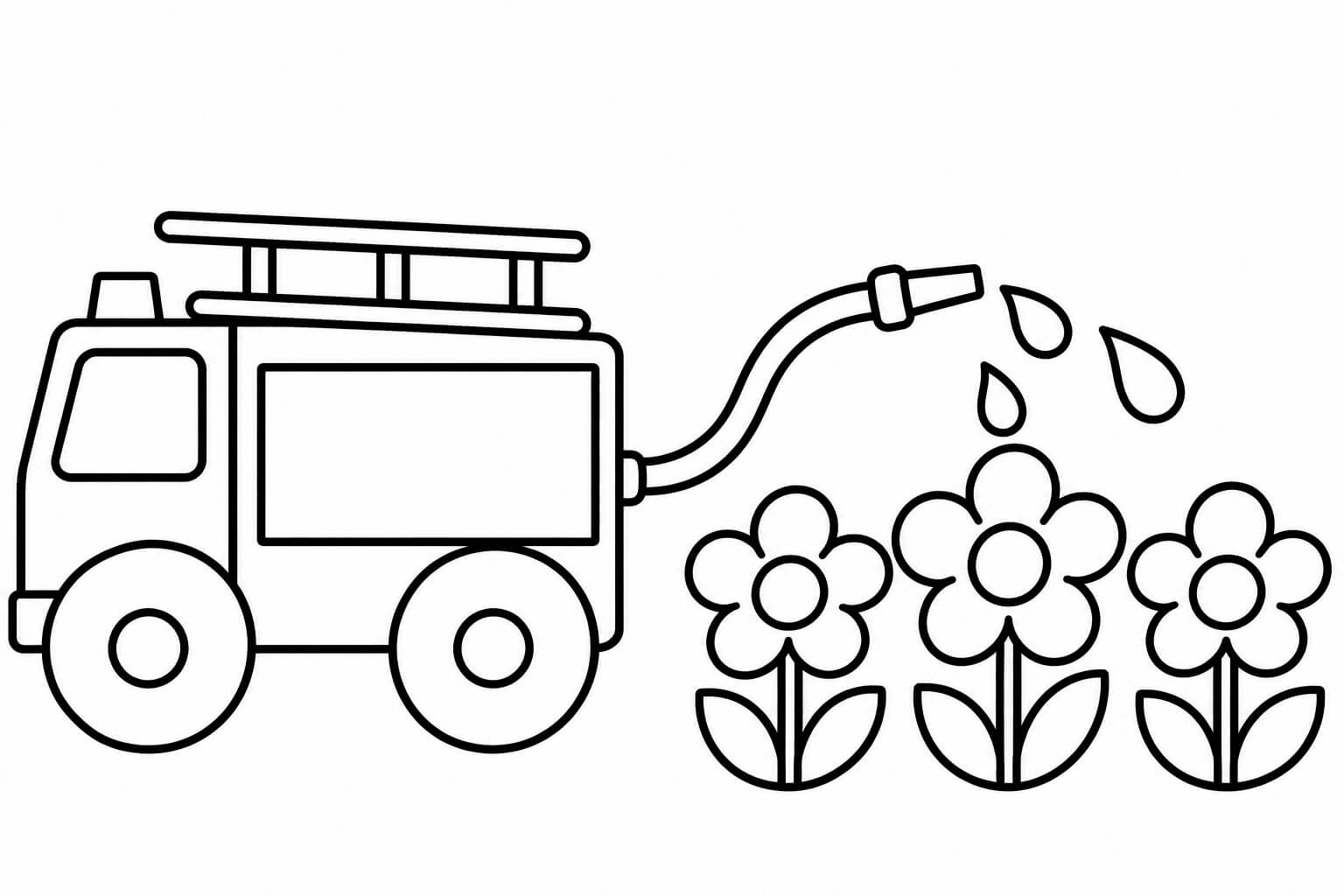 Feuerwehrauto beim Blumengießen – Ausmalbild in Schwarz-Weiß