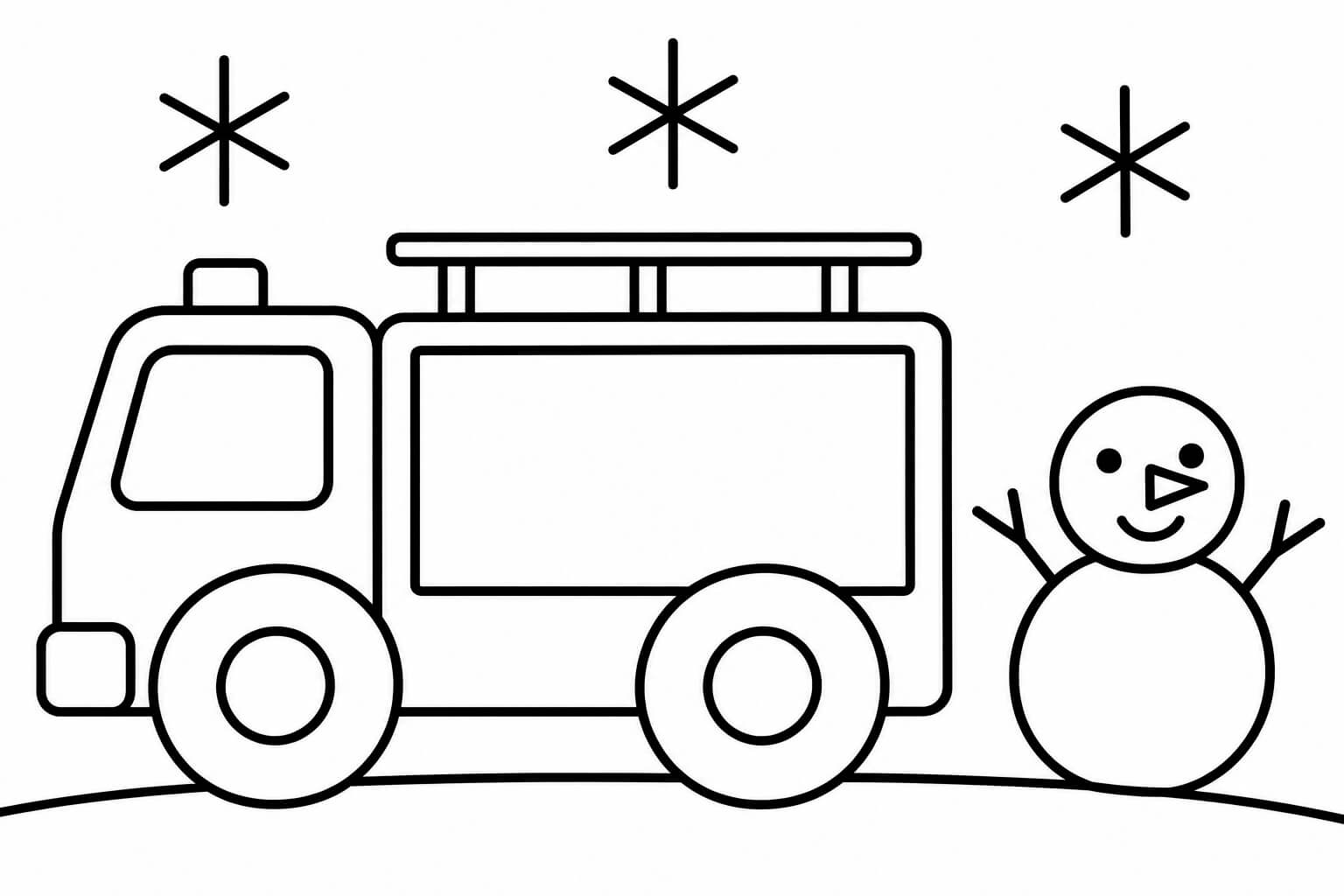 Feuerwehrauto im Schnee – Ausmalbild in Schwarz-Weiß