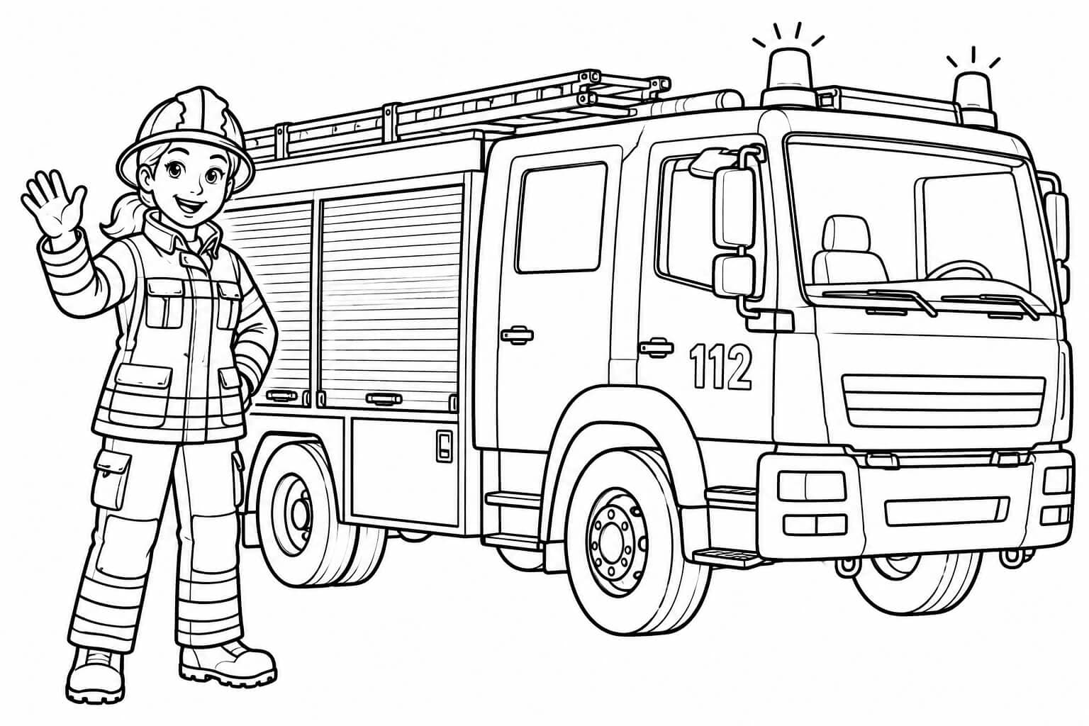 Feuerwehrauto mit Feuerwehrfrau – Ausmalbild in Schwarz-Weiß