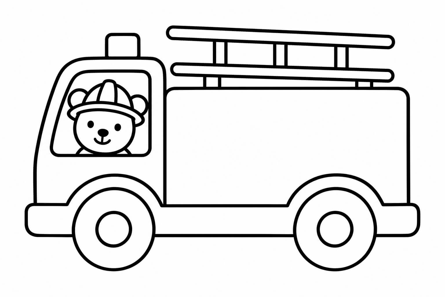 Teddy im Feuerwehrauto – Ausmalbild in Schwarz-Weiß