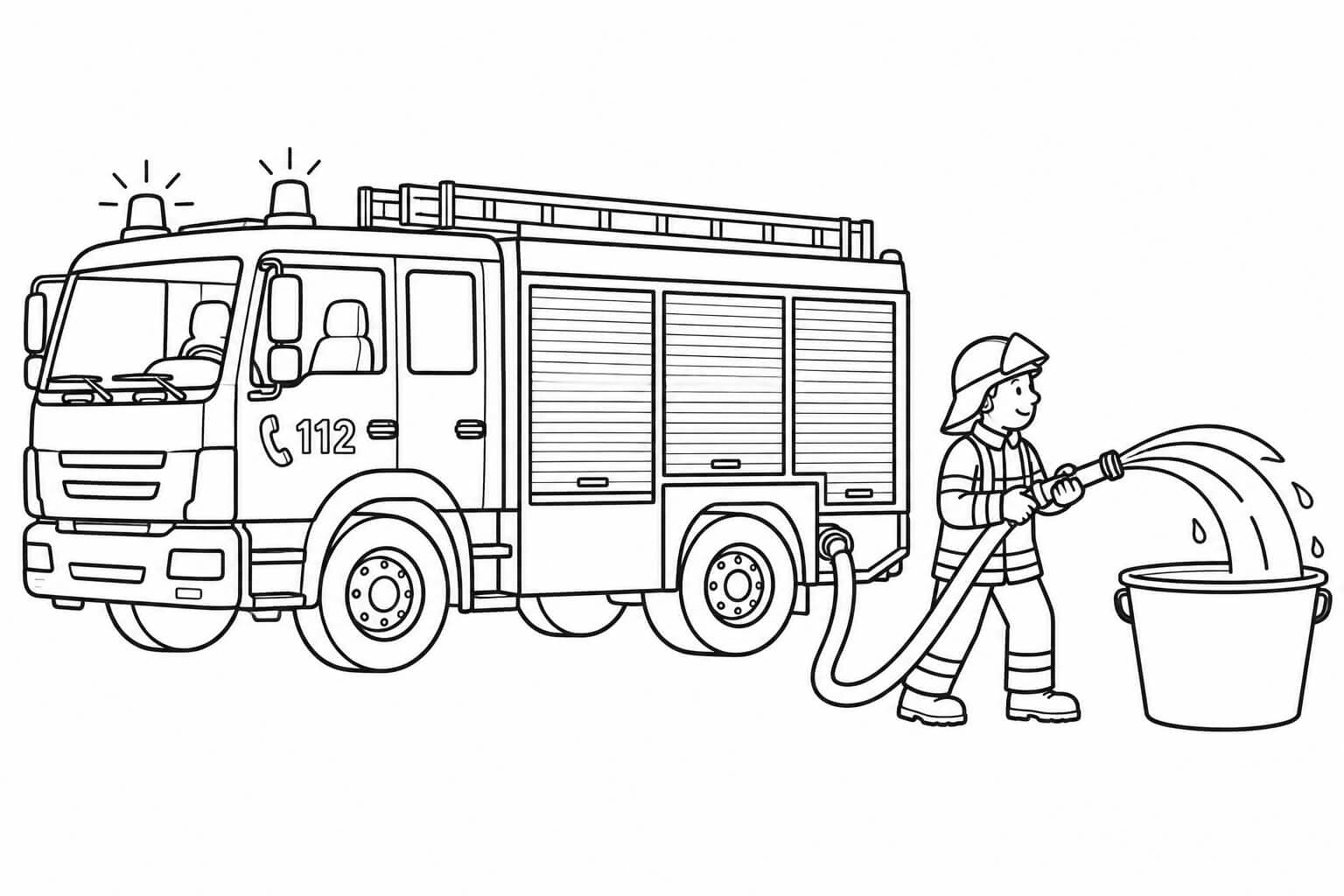 Feuerwehrauto mit Wasserschlauch – Ausmalbild in Schwarz-Weiß
