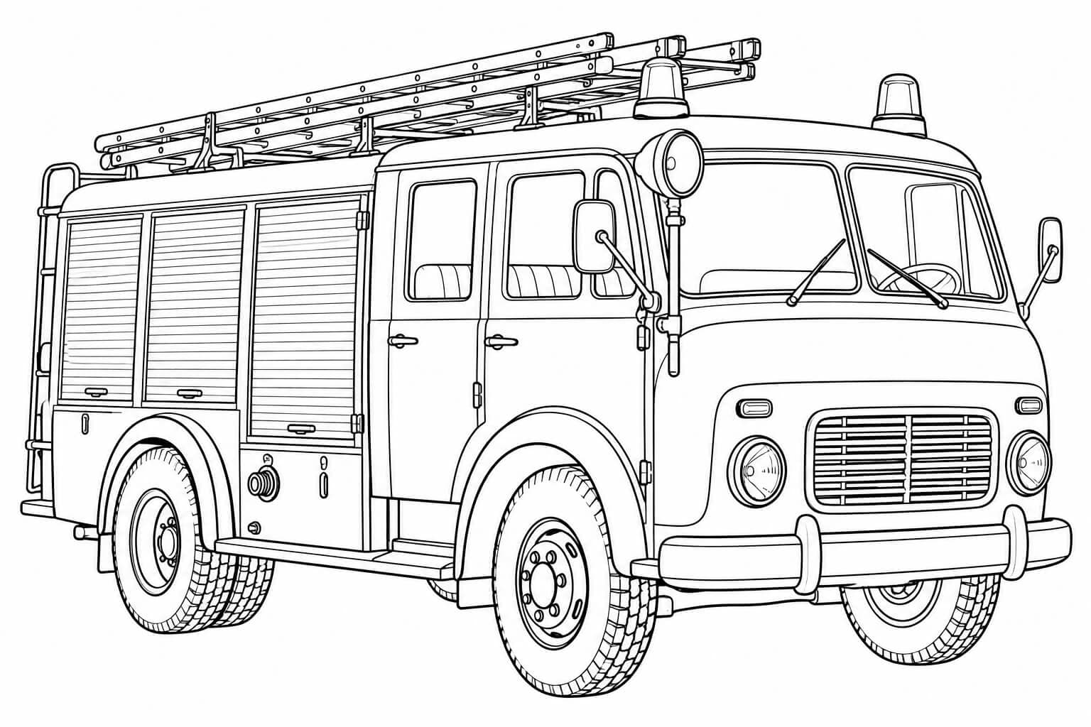 Realistischer Feuerwehr-Oldtimer – Ausmalbild in Schwarz-Weiß
