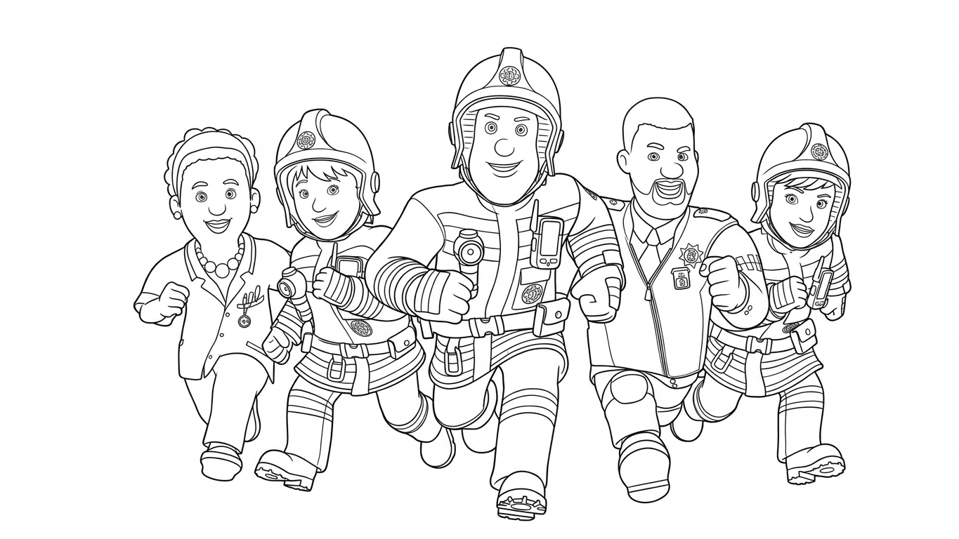 Feuerwehrmann Sam und Team Ausmalbild