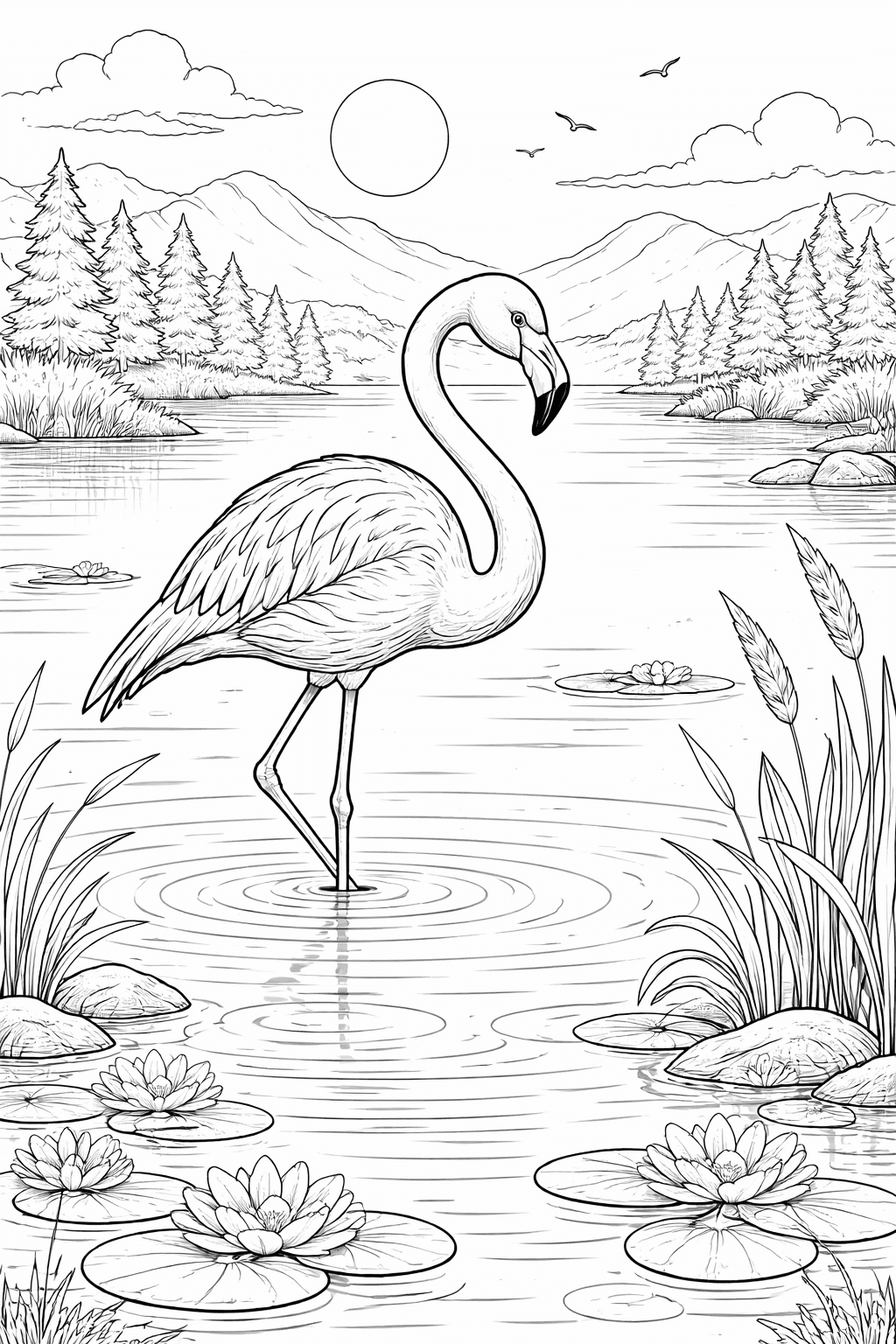 Flamingo am See Ausmalbild