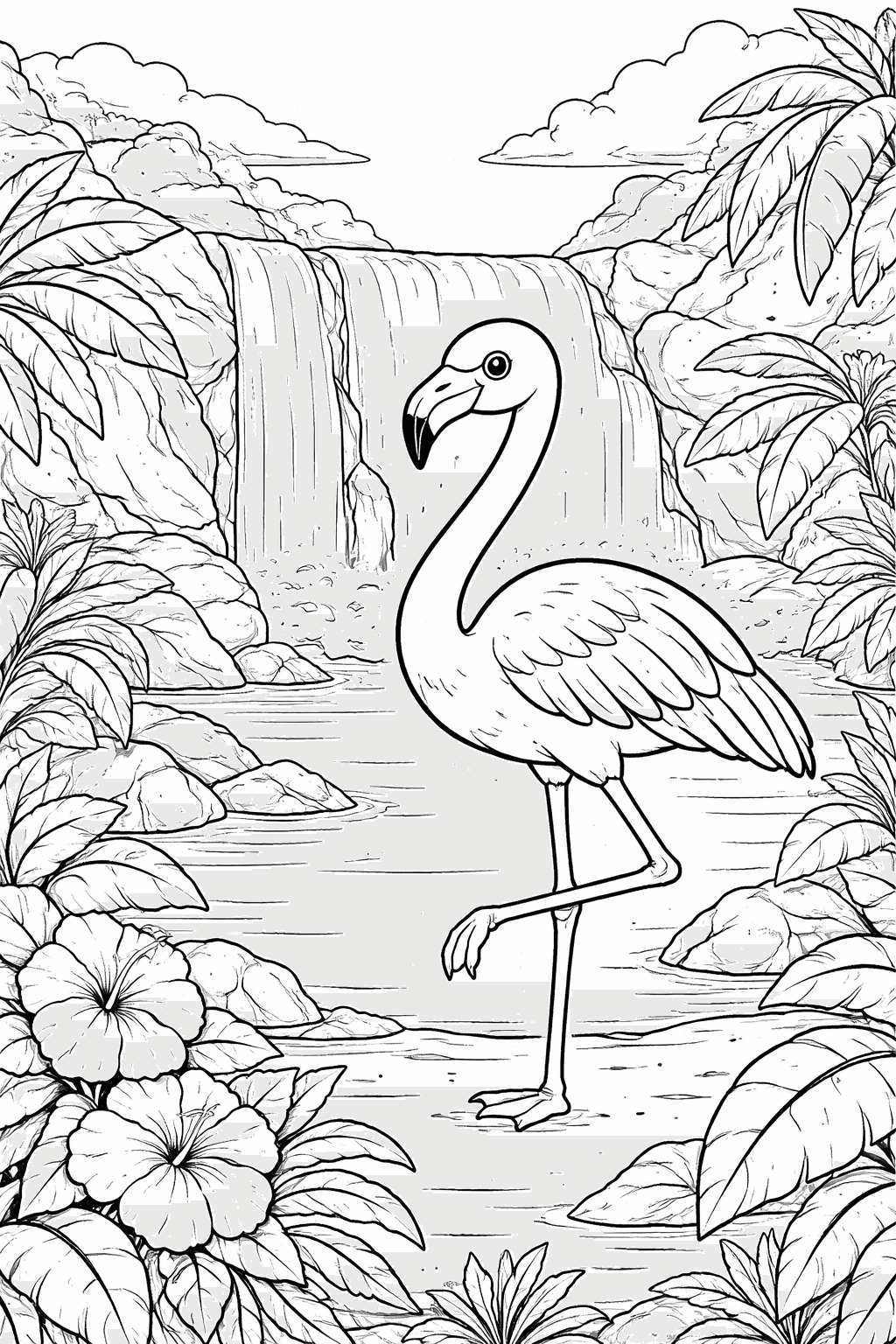 Flamingo am Wasserfall Ausmalbild
