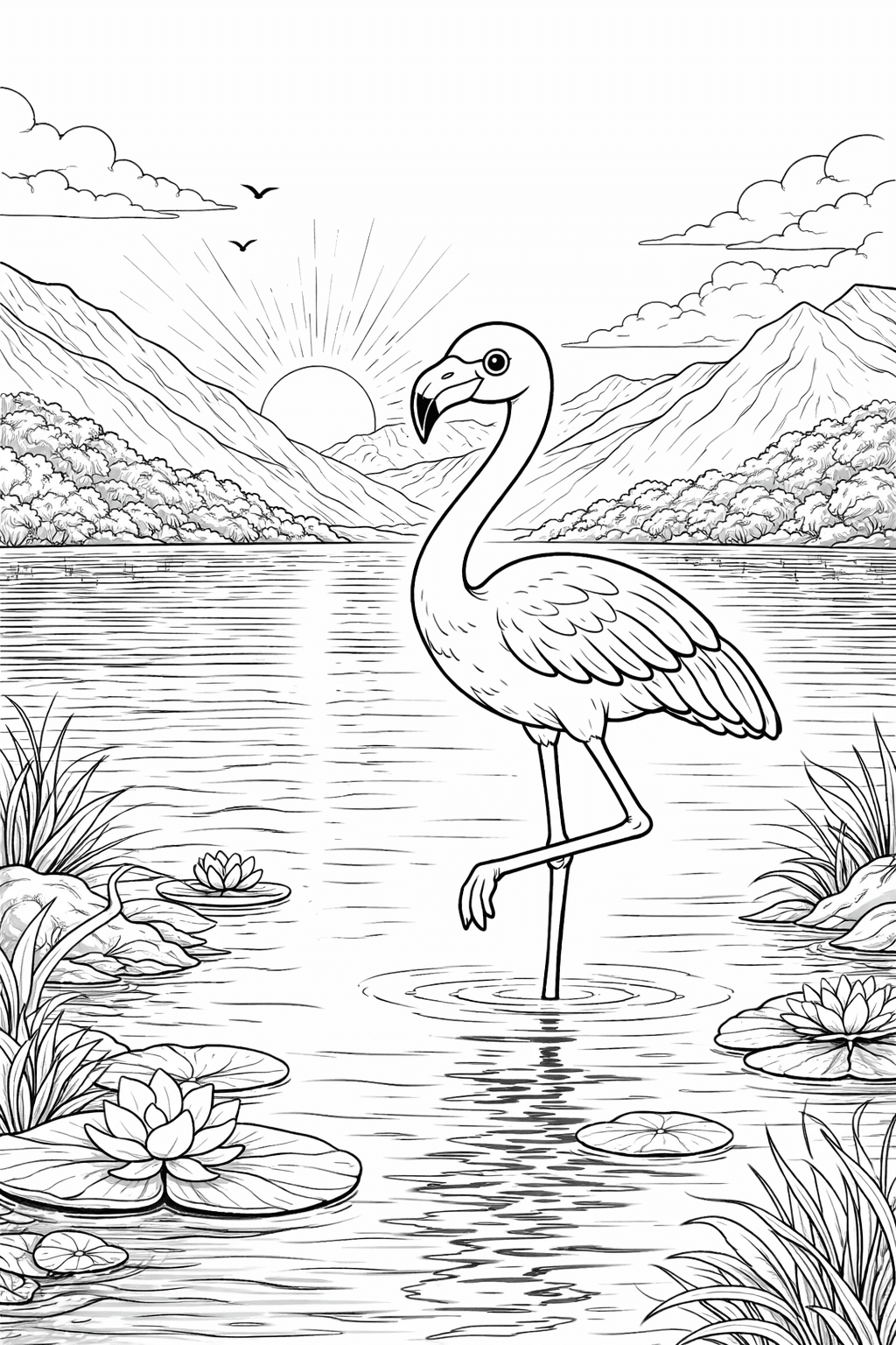 Flamingo bei Sonnenuntergang Ausmalbild