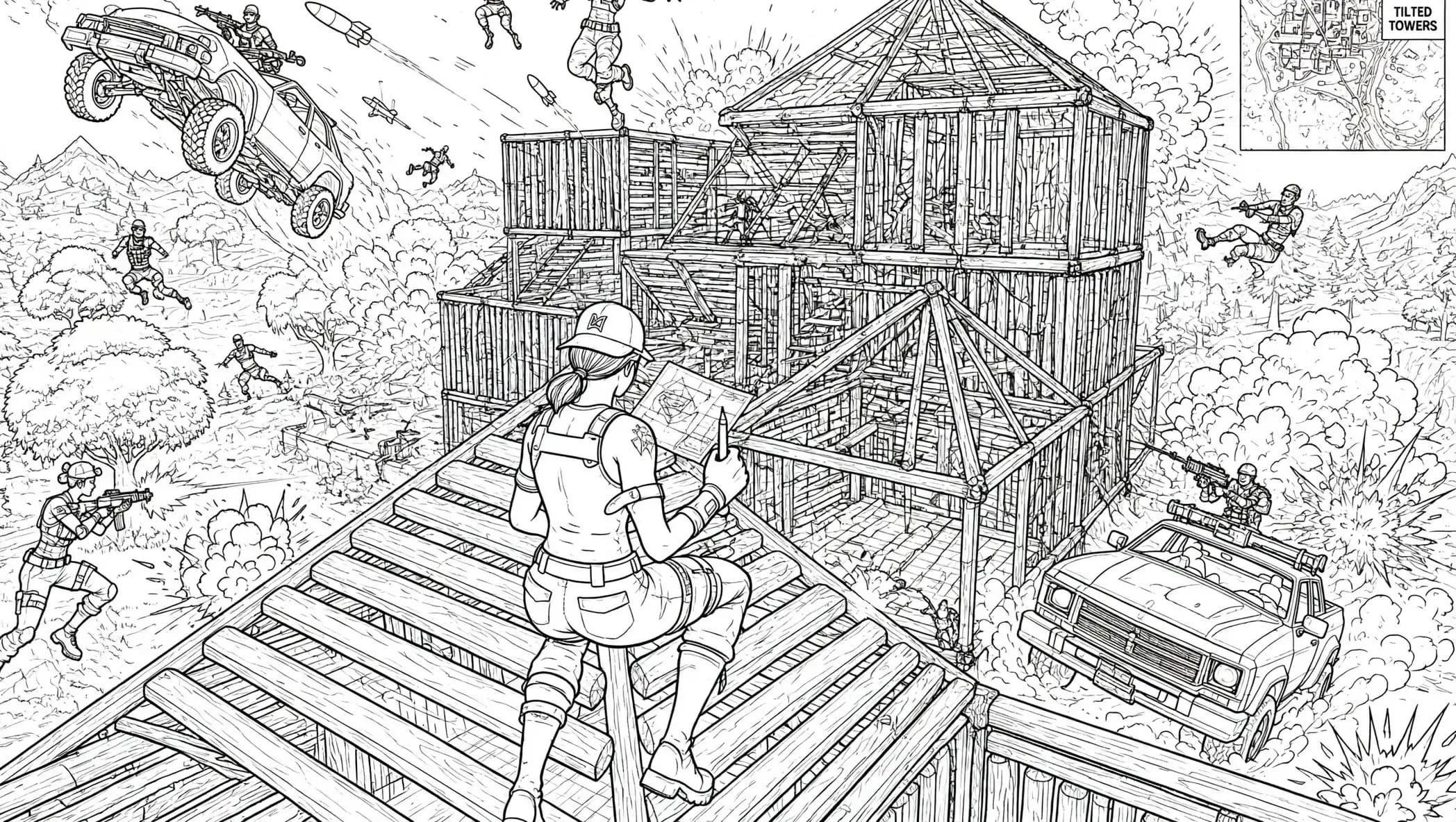 Fortnite Bauschlacht mit Holzbauten zum Ausmalen