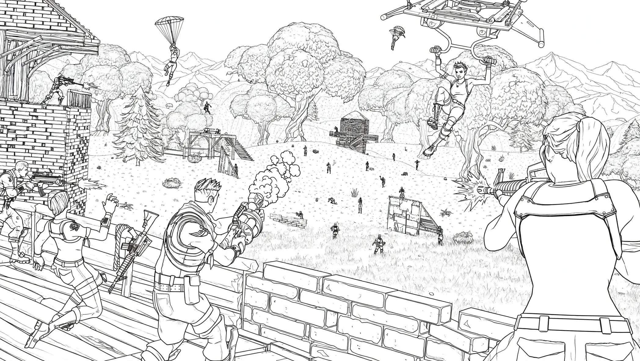 Fortnite Kampfszene auf der Wiese als Malvorlage