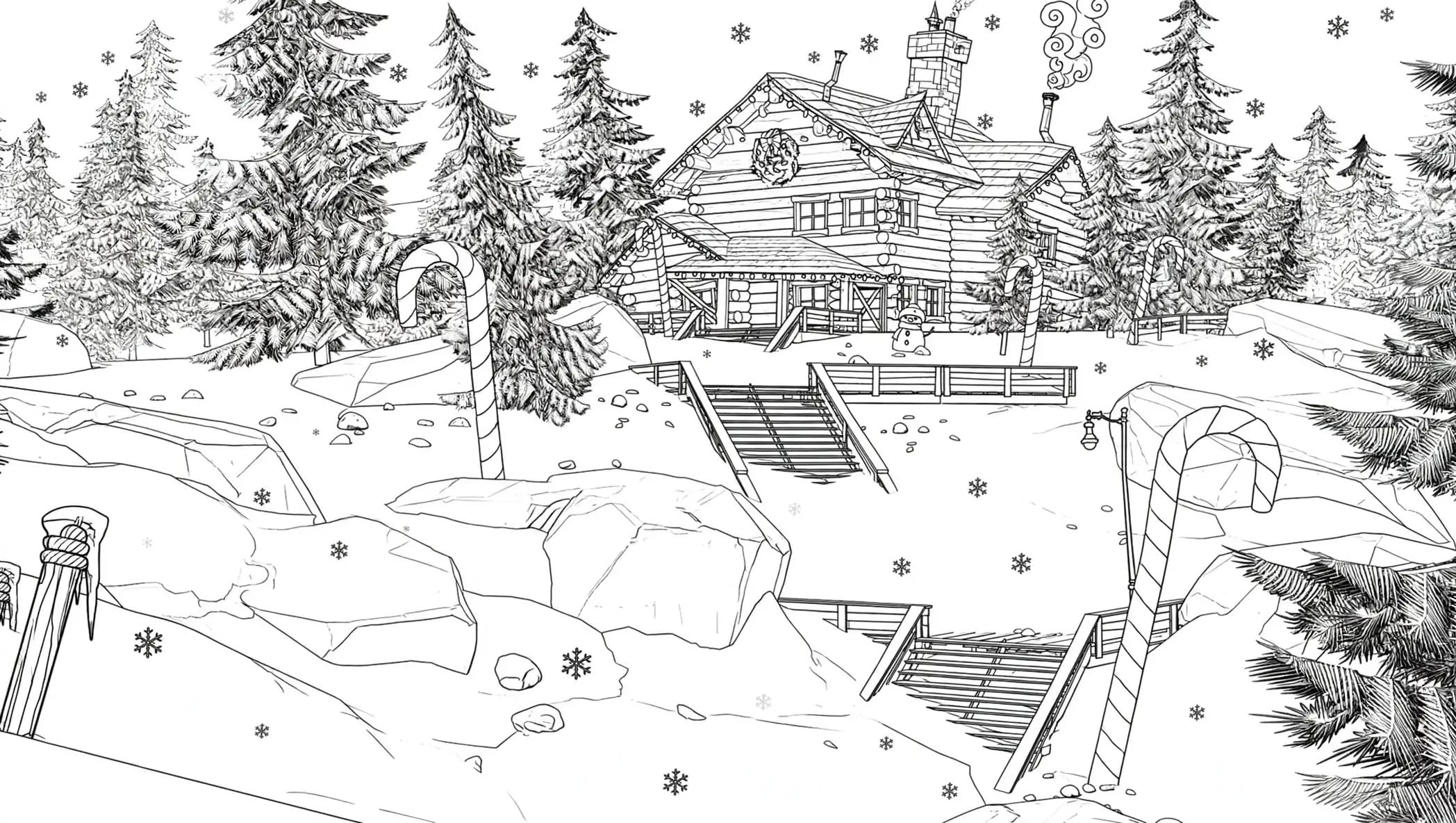 Fortnite Winterfest-Hütte als winterliches Ausmalbild
