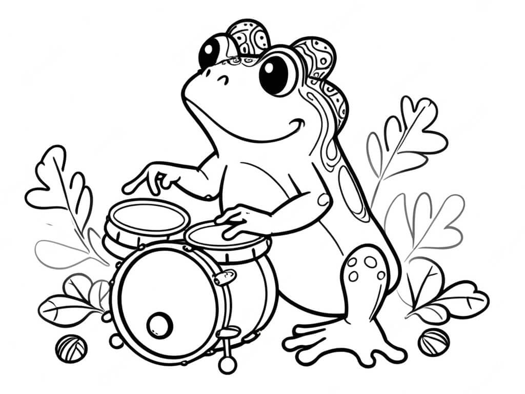 Frosch spielt Schlagzeug Ausmalbild