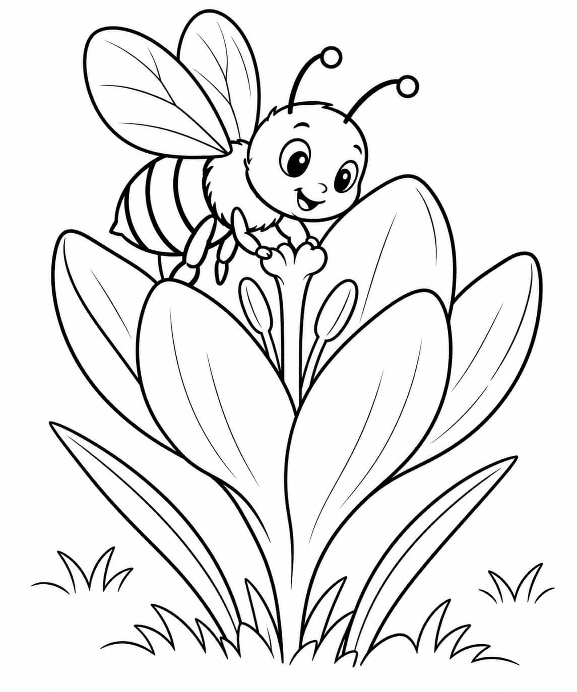 Biene auf einer Krokusblüte – kostenlose Frühlings-Malvorlage zum Ausdrucken