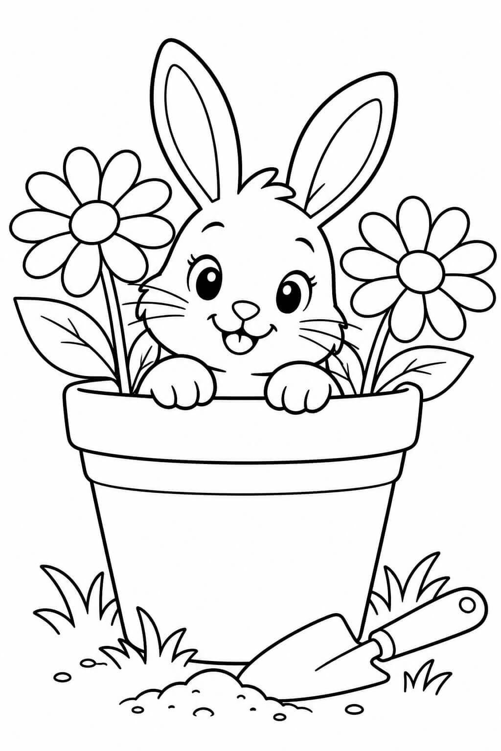 Hase im Blumentopf – kostenlose Frühlings-Malvorlage zum Ausdrucken