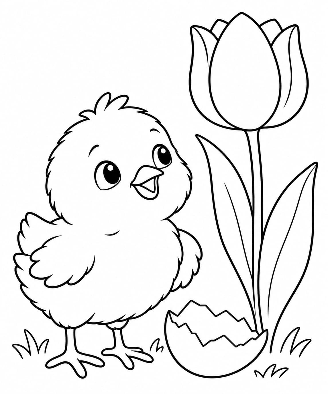 Küken mit einer Tulpe – kostenlose Frühlings-Malvorlage zum Ausdrucken