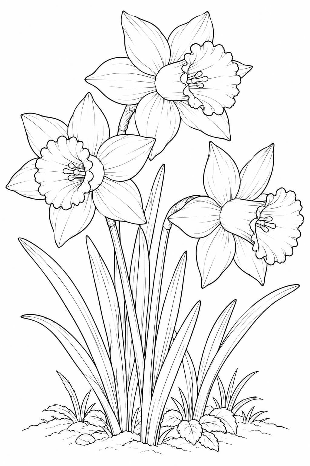 Narzissen im Garten – realistisch – kostenlose Frühlings-Malvorlage zum Ausdrucken