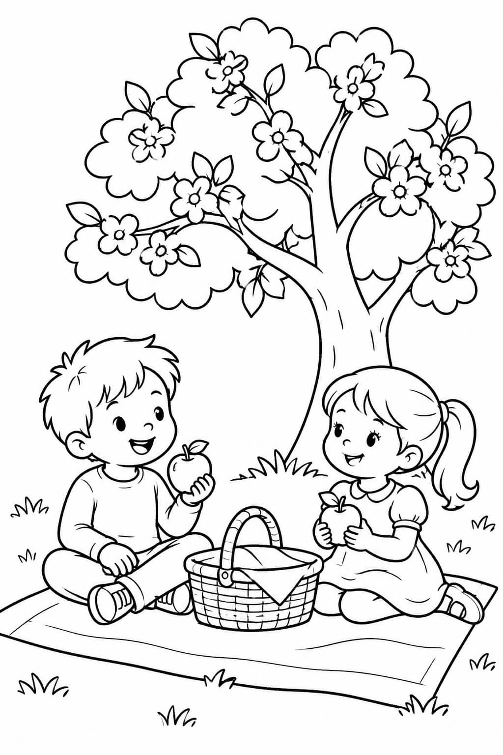 Picknick unter dem Apfelbaum – kostenlose Frühlings-Malvorlage zum Ausdrucken