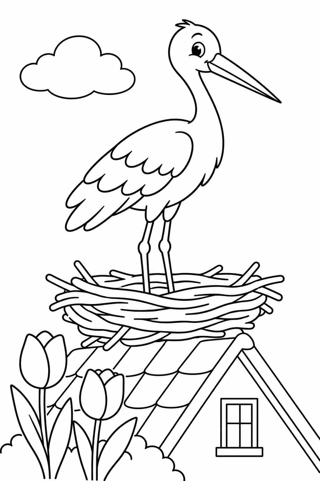 Storch im Nest – kostenlose Frühlings-Malvorlage zum Ausdrucken