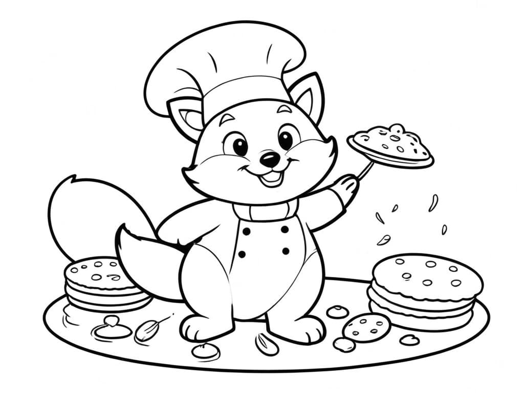 Chef-Fuchs backt Pfannkuchen Ausmalbild