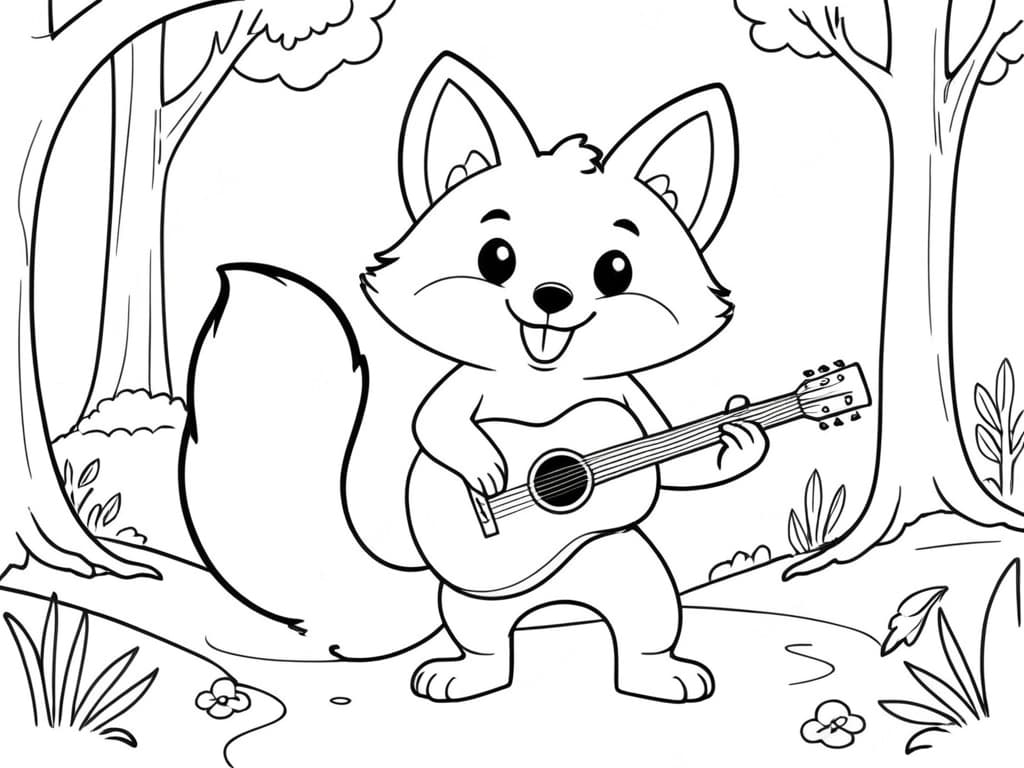 Fuchs spielt Gitarre im Wald Ausmalbild
