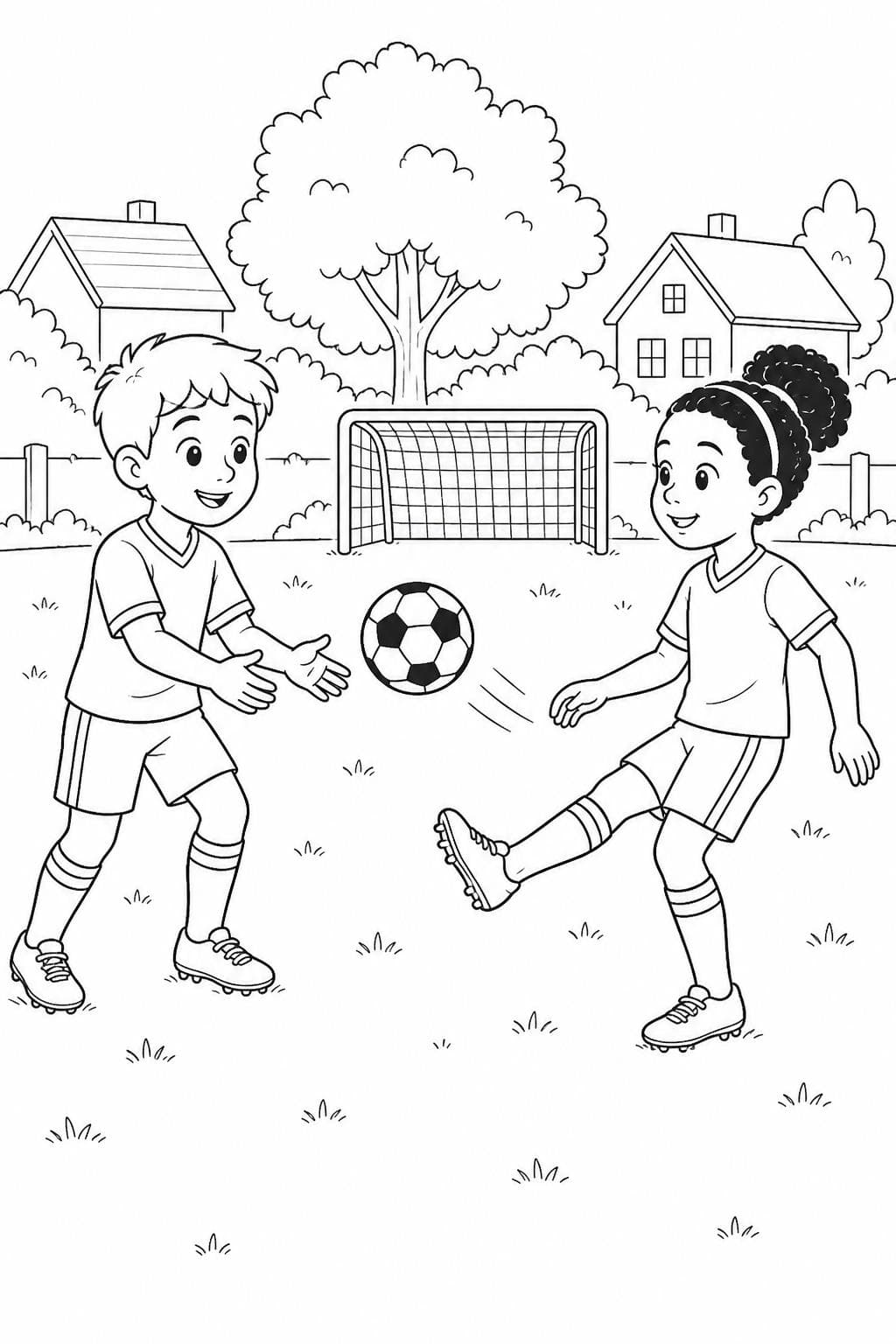 Zwei Kinder spielen Fußball Ausmalbild