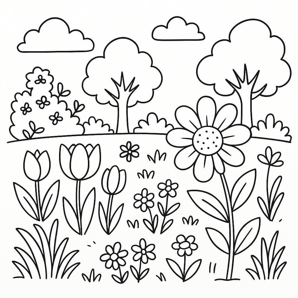 Garten mit Blumen und Bäumen Ausmalbild