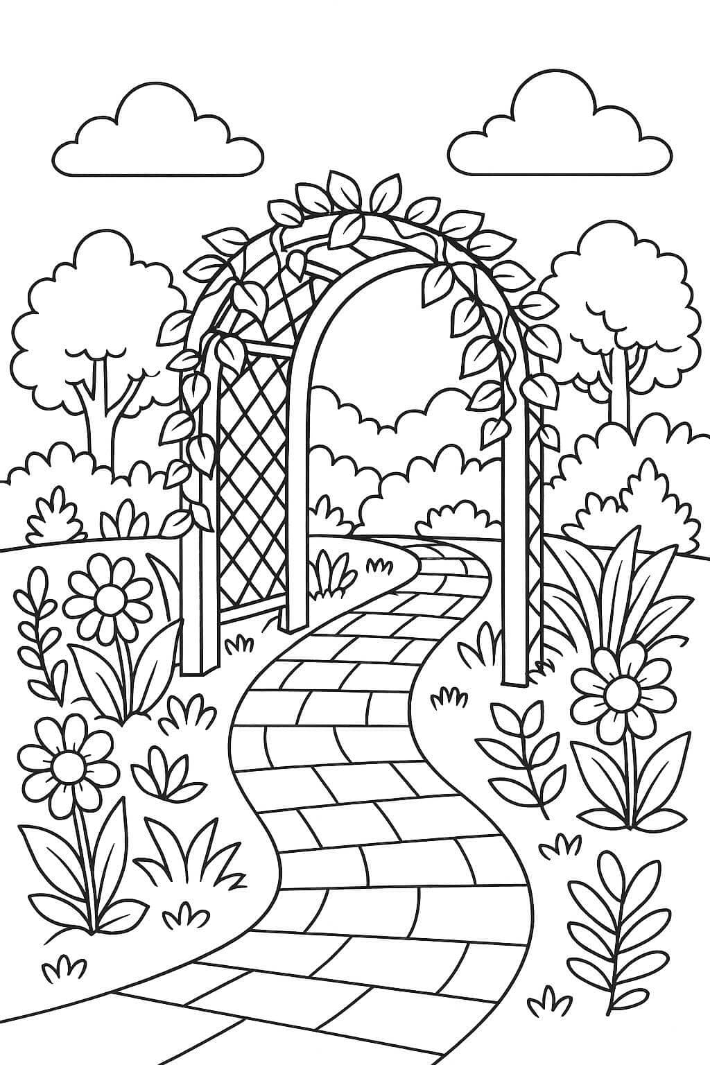 Garten mit Bogenweg Ausmalbild