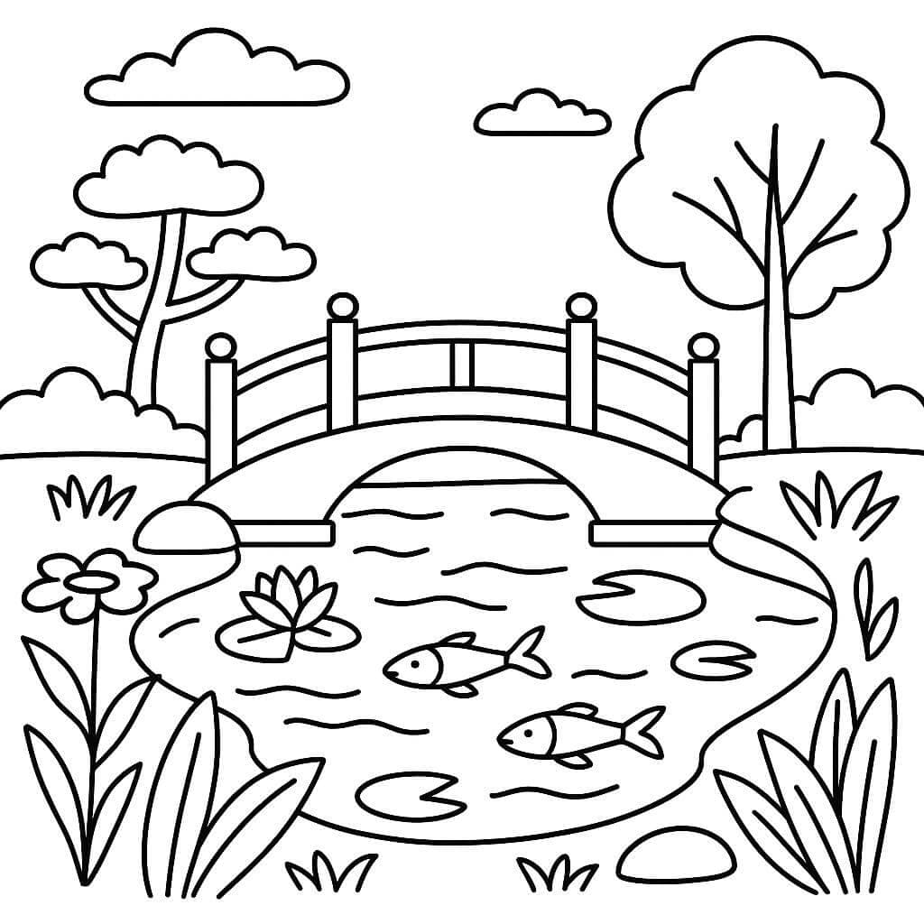 Garten mit Brücke und Fischen Ausmalbild