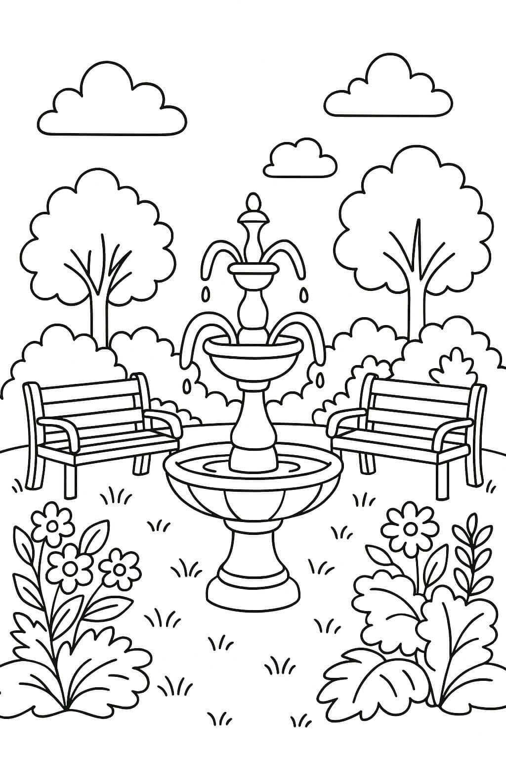 Garten mit Brunnen und Bänken Ausmalbild