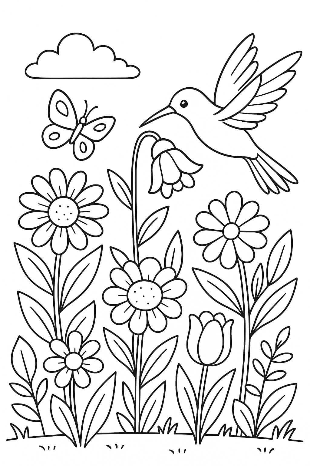 Garten mit Kolibri und Schmetterling Ausmalbild