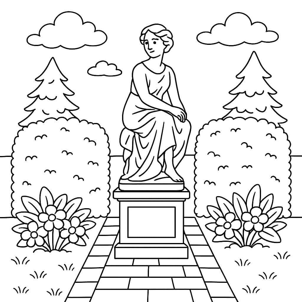 Garten mit Statue und Hecken Ausmalbild