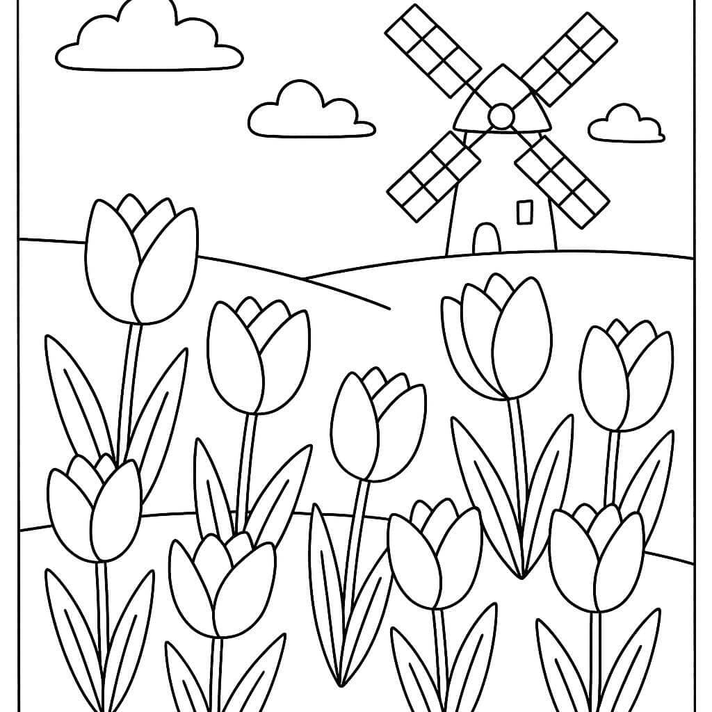 Garten mit Tulpen und Mühle Ausmalbild