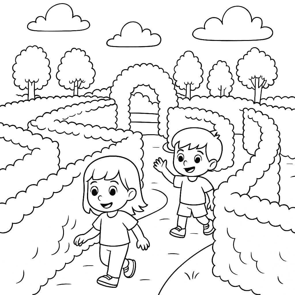 Gartenlabyrinth mit Kindern Ausmalbild