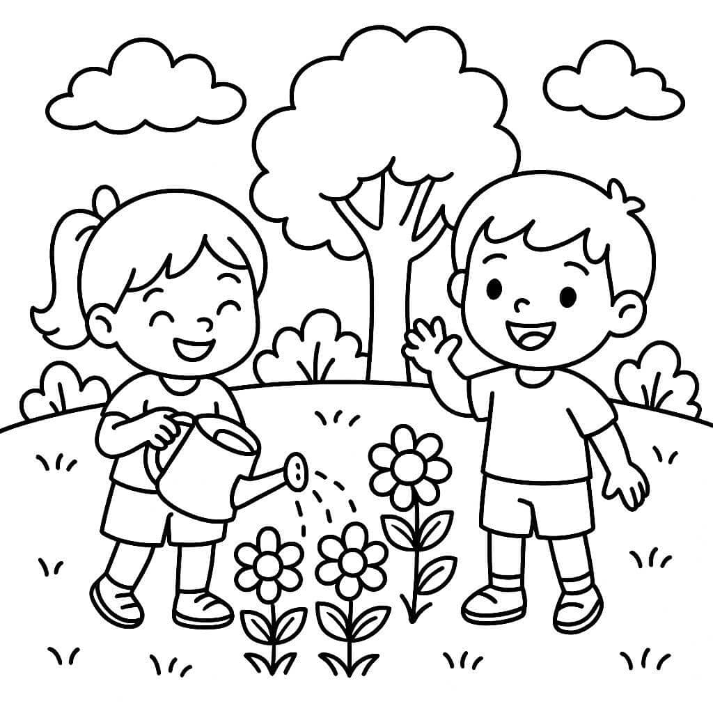 Kinder gießen den Garten Ausmalbild