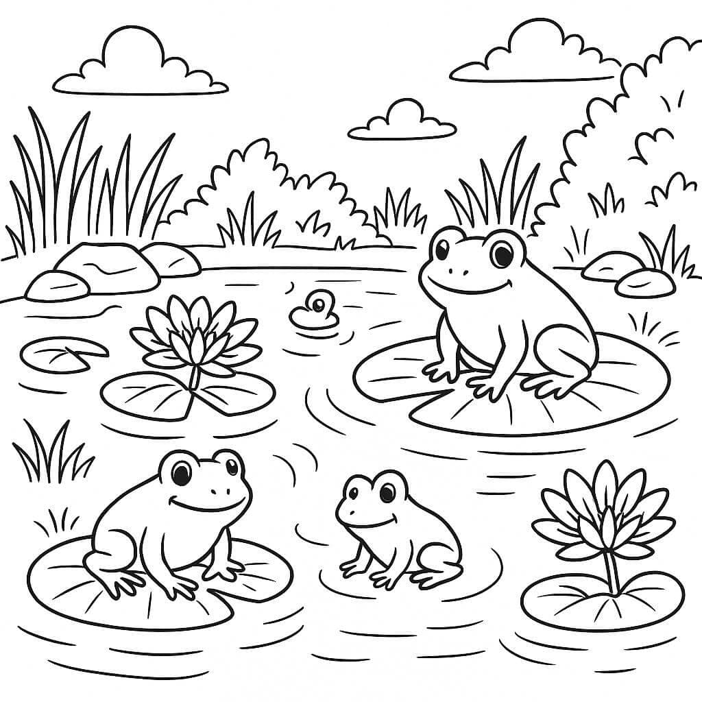 Teich mit Seerosen und Fröschen Ausmalbild