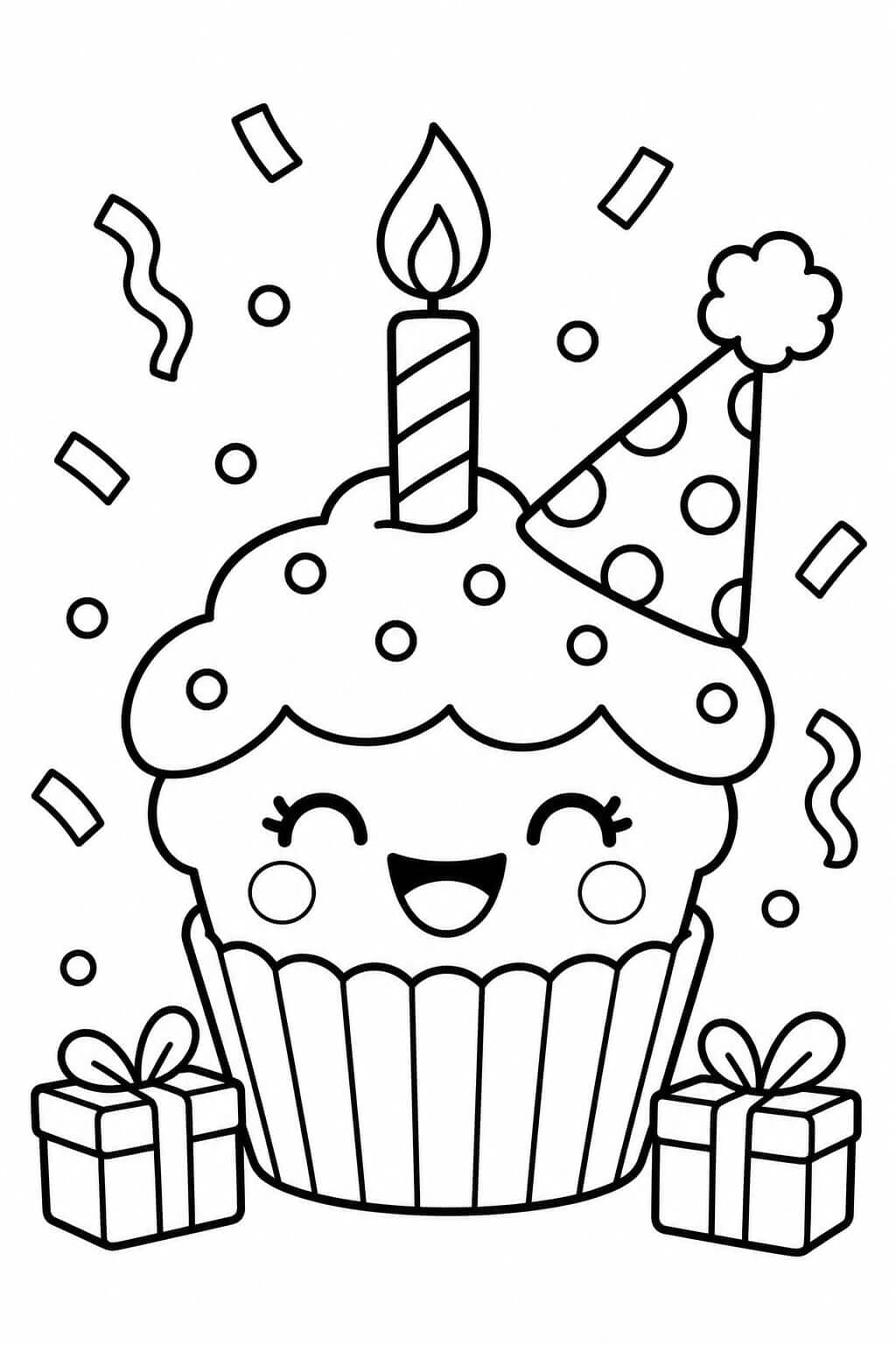 Lächelnder Geburtstags-Cupcake Ausmalbild