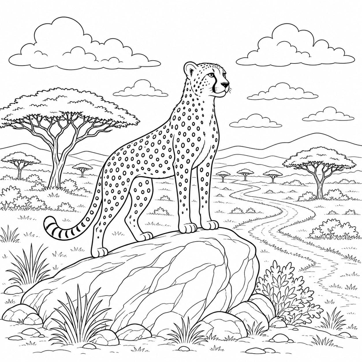 Gepard auf dem Felsen Ausmalbild