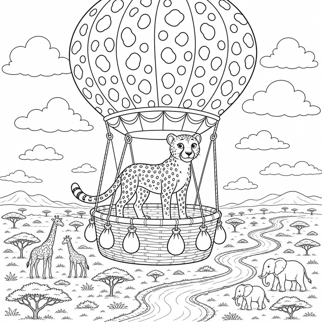 Gepard im Heißluftballon Ausmalbild