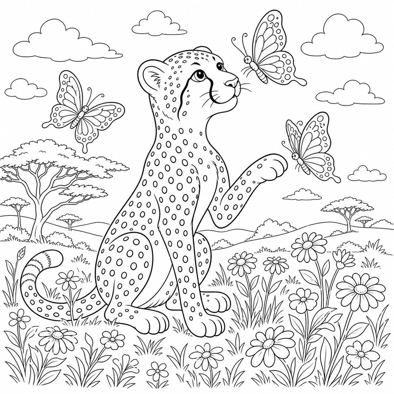 Gepard und Schmetterlinge Ausmalbild