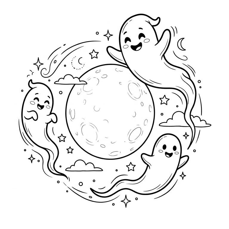 Gespenster bei Mond Ausmalbild