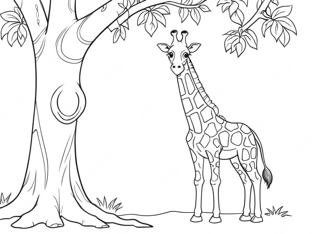 Giraffe bei einem Baum Ausmalbild