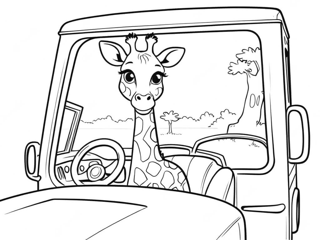 Giraffe im Safari-Auto Ausmalbild