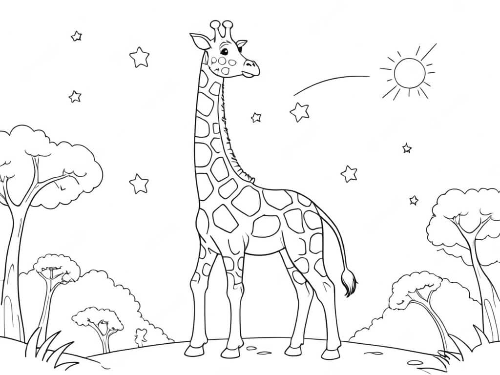 Giraffe im Sternenhimmel Ausmalbild