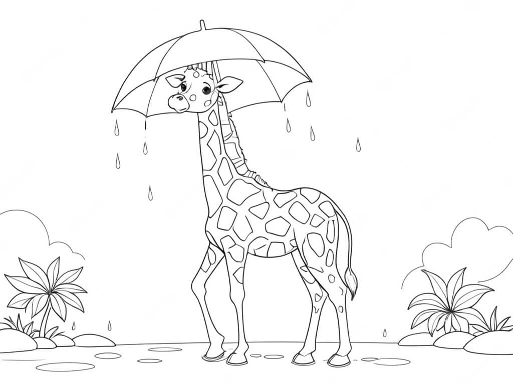 Giraffe mit Regenschirm Ausmalbild