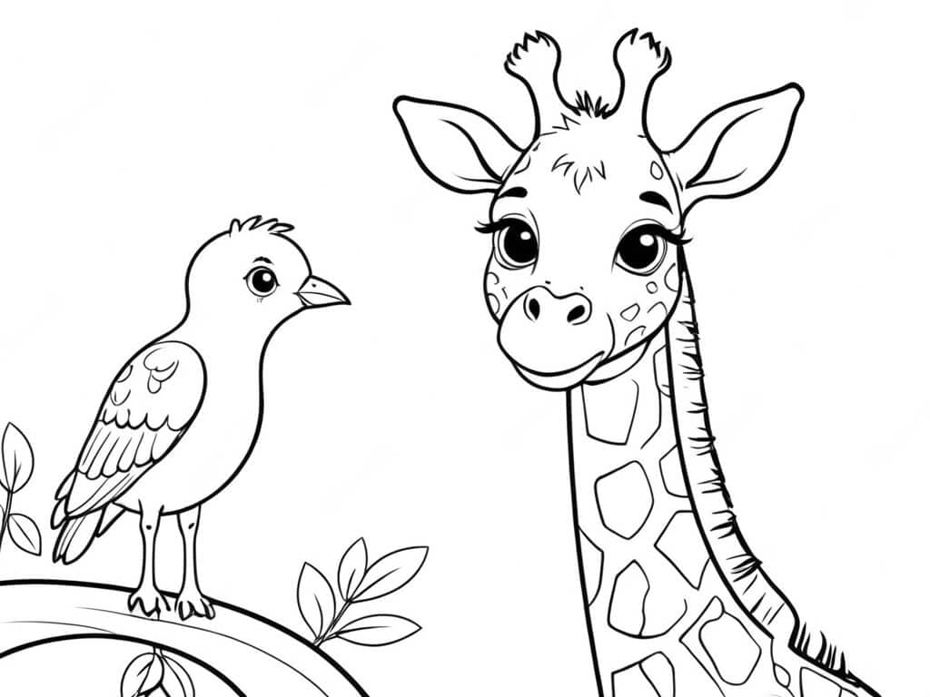 Giraffe mit Vogel Ausmalbild