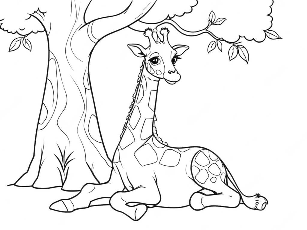 Giraffe ruht unter einem Baum Ausmalbild