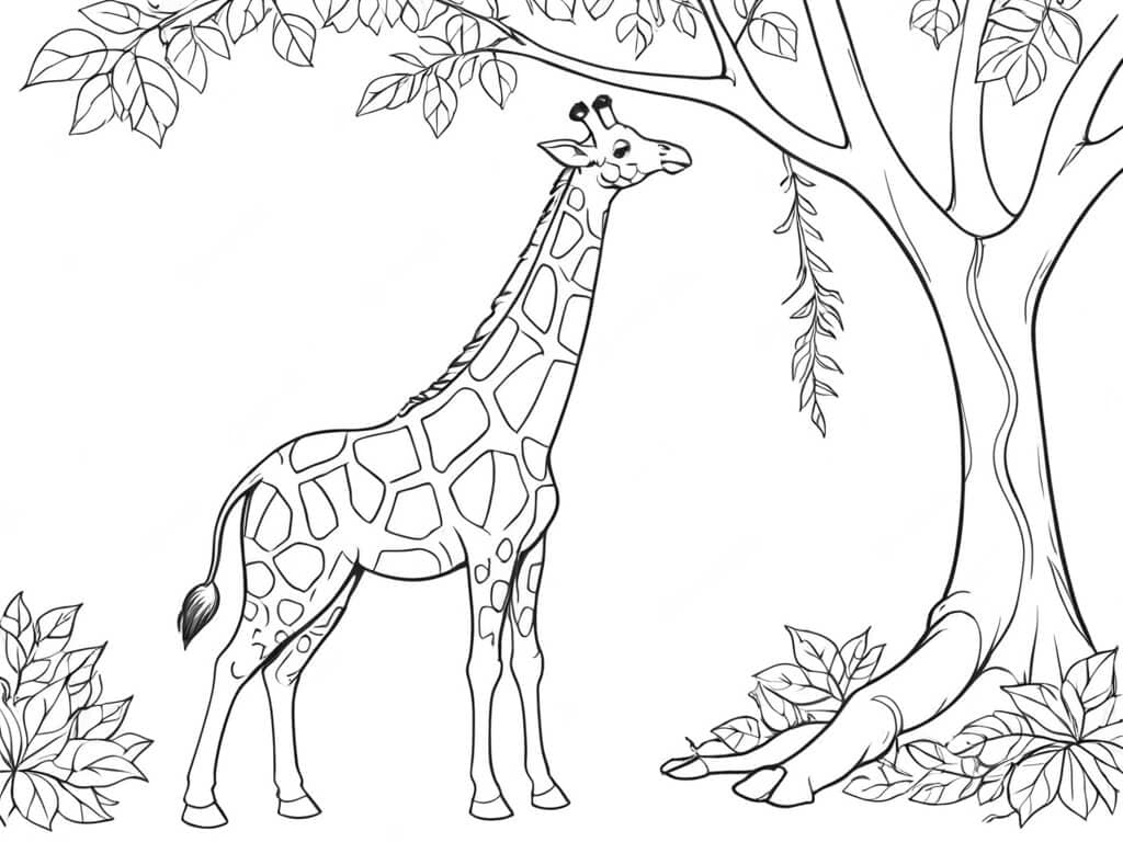 Giraffe sucht Futter am Baum Ausmalbild
