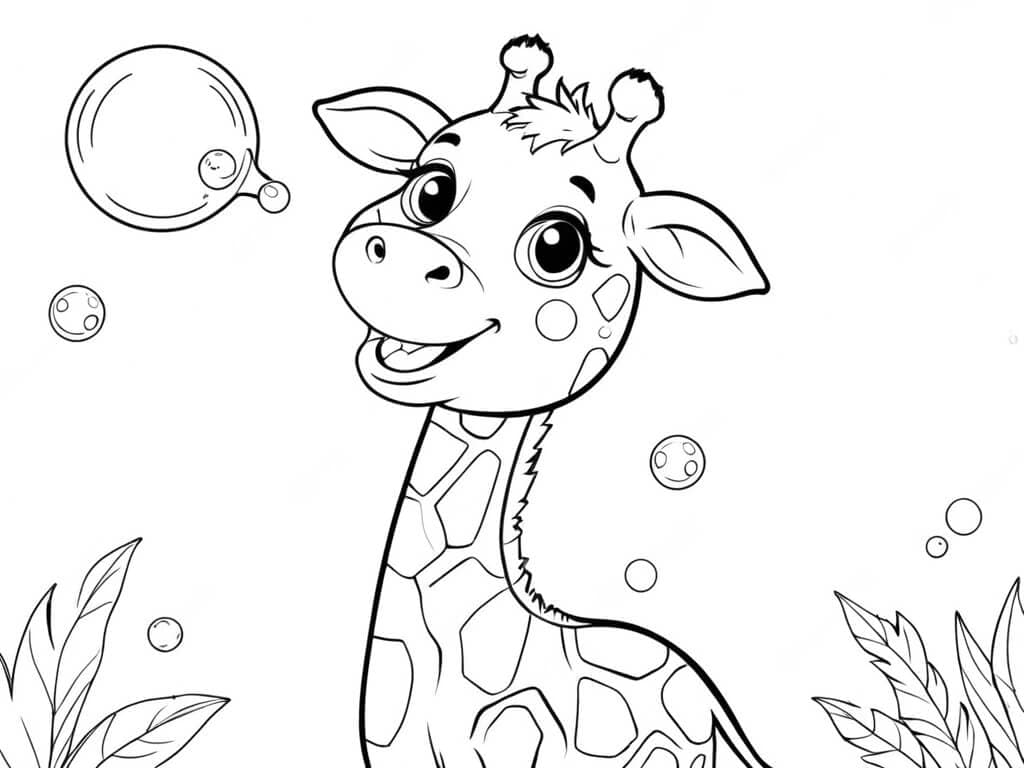 Kleine Giraffe mit Seifenblasen Ausmalbild