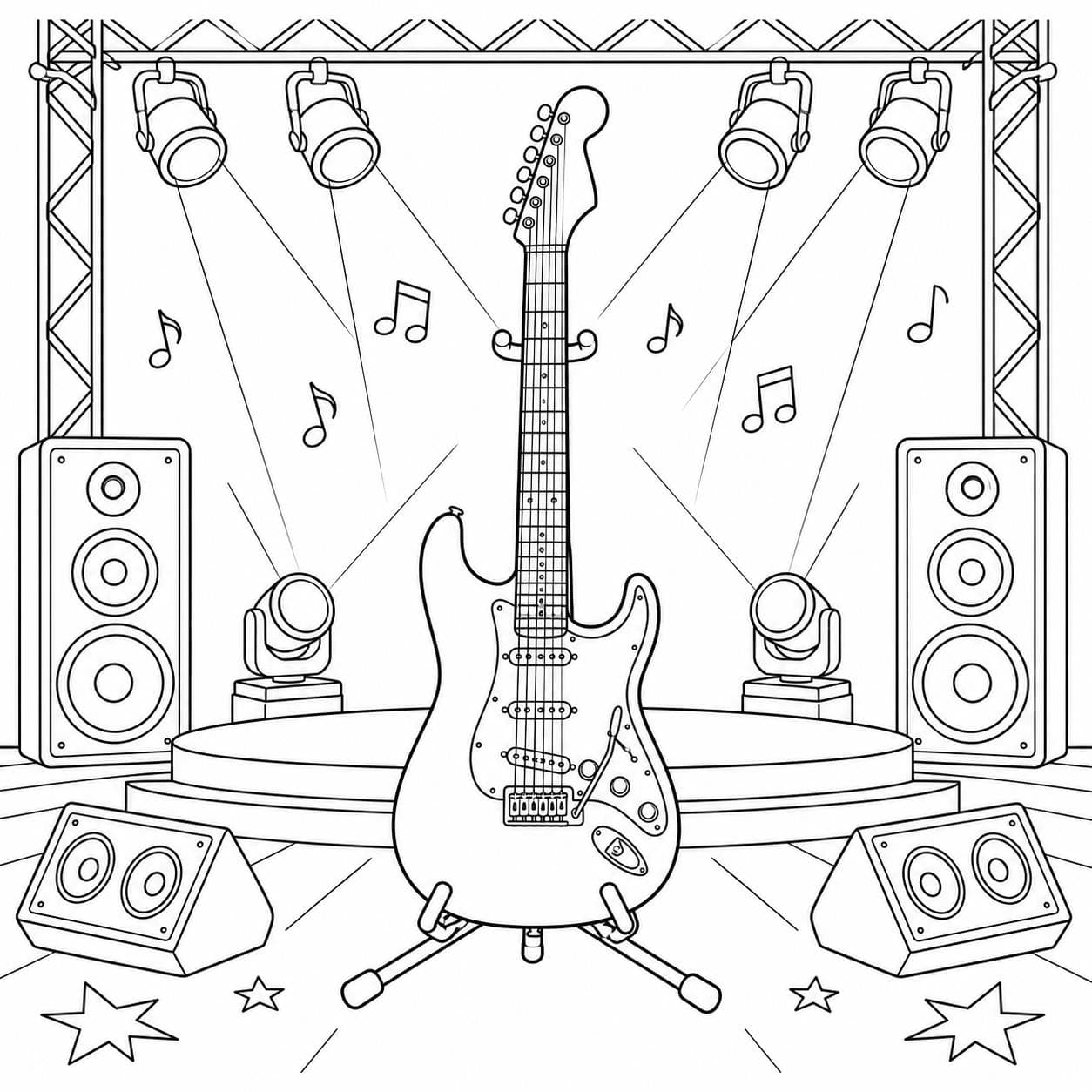 Elektrische Gitarre auf der Bühne Ausmalbild