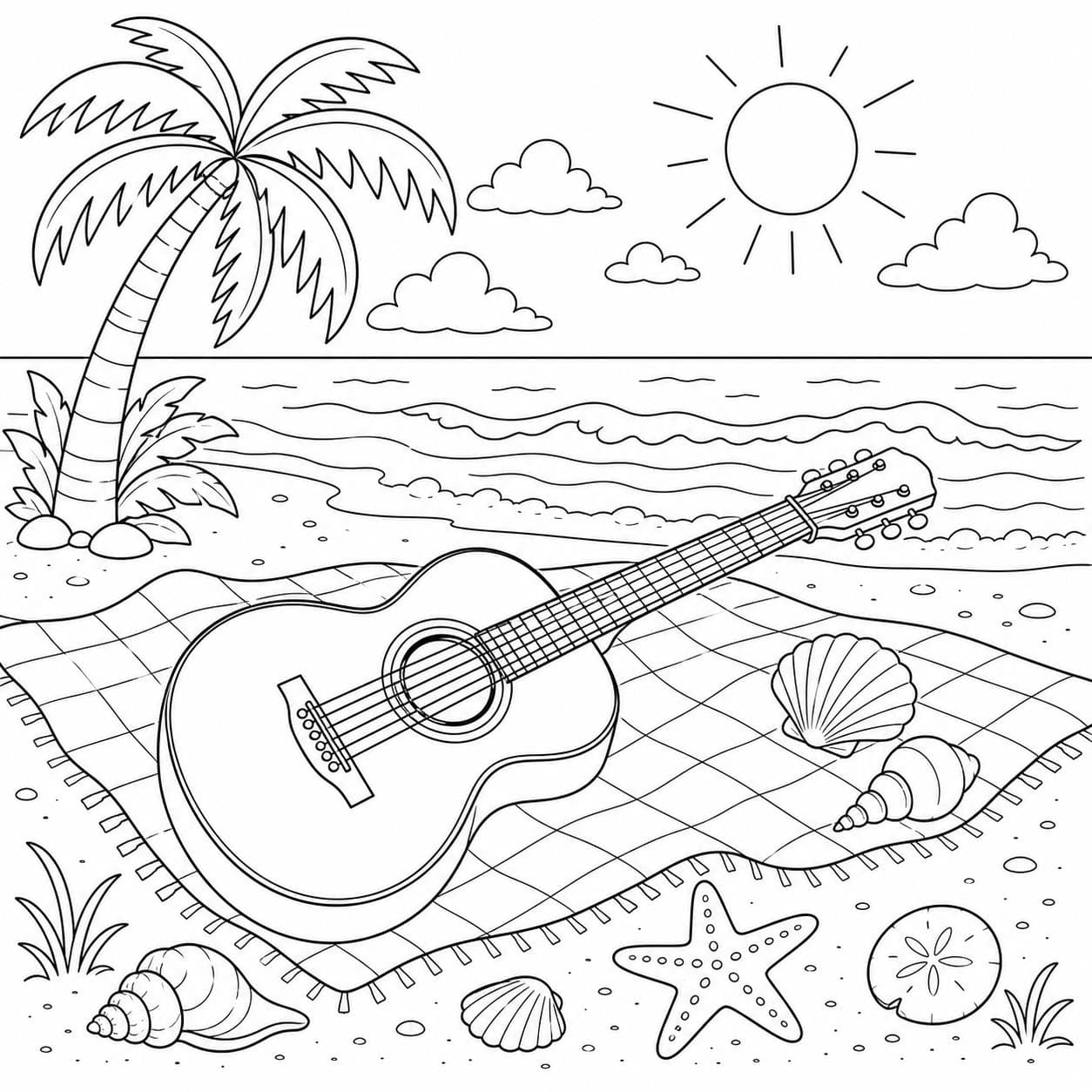 Gitarre am Strand Ausmalbild