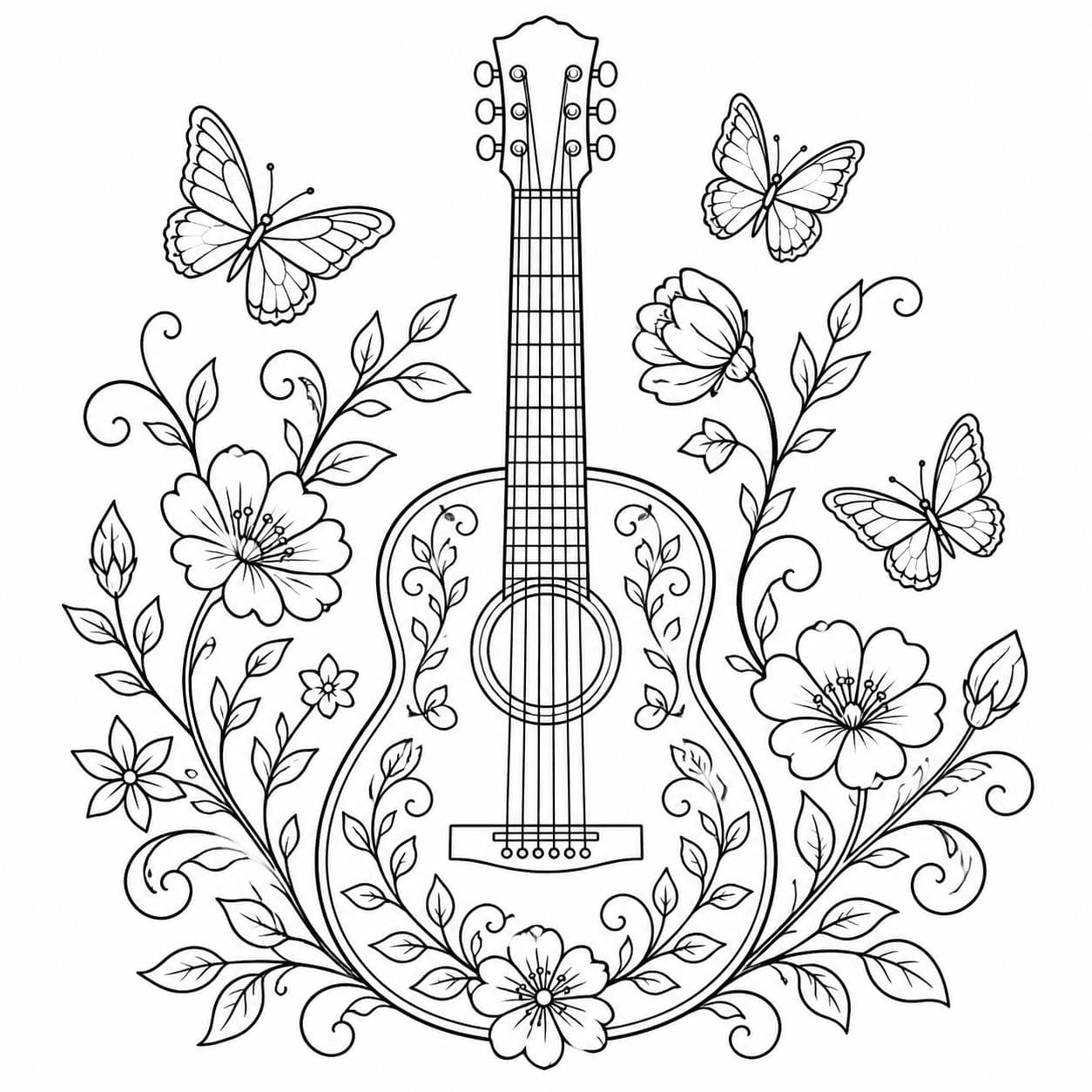 Gitarre mit Blumen Ausmalbild